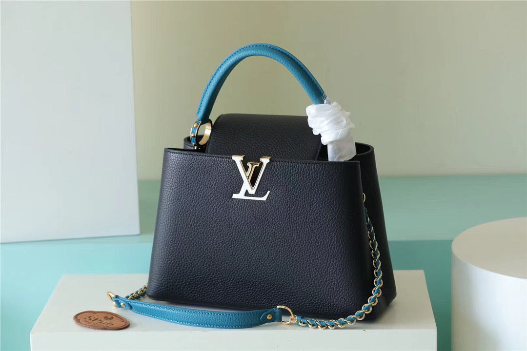 Top Quality Capucines MM Taurillon Black/ Blue For Women, Womens Bags, Shoulder And Crossbody Bags 12.4in/31.5cm Top Quality 