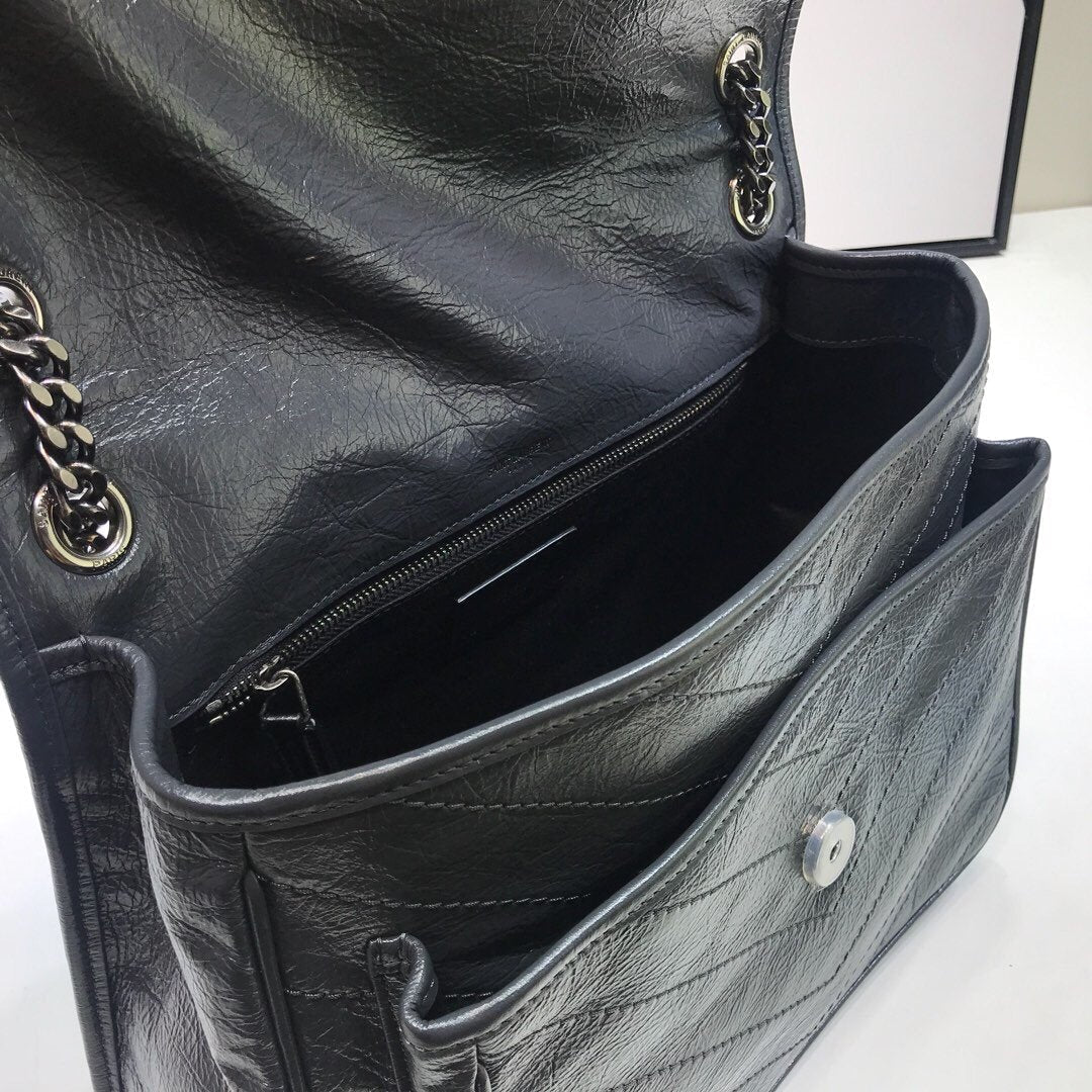 YSSL Niki Medium Chain Bag In Crinkled  Grey For Women 11in/28cm YSL 6331580EN041112