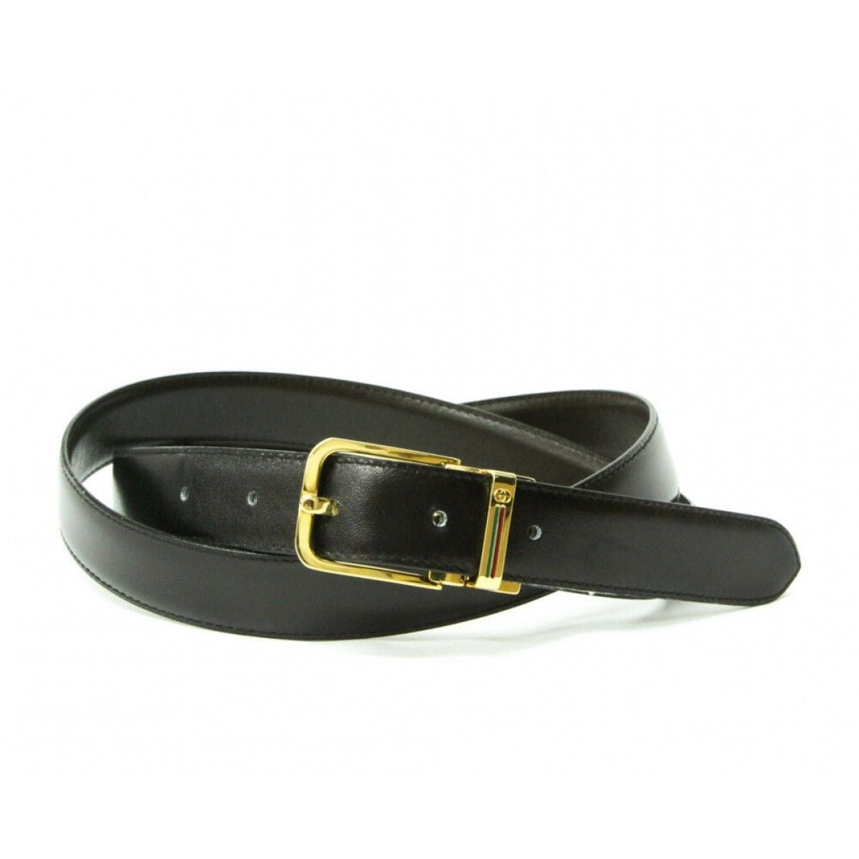 , NOS, Gucci, brown or black leather, reversible belt with a removable, rectsngular gold tone buckle with red and green enamel