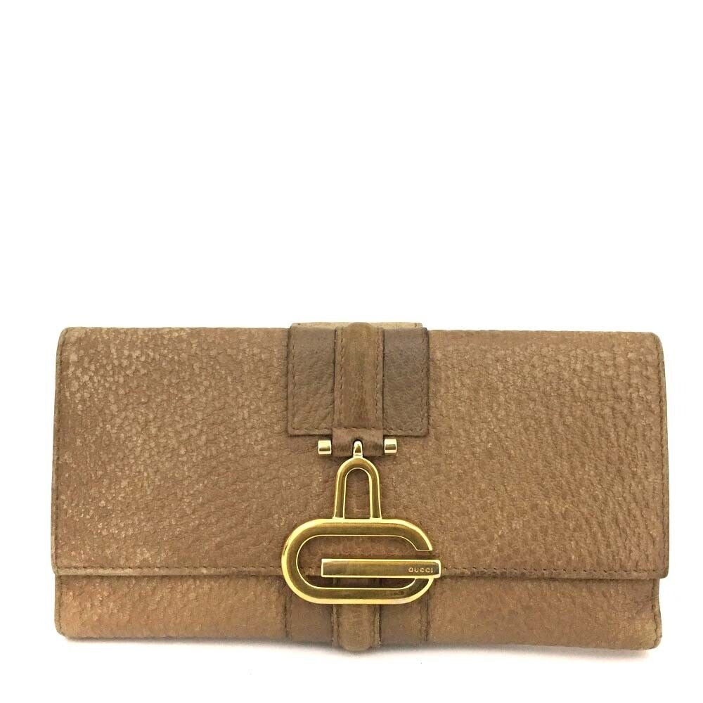 RARE, Gucci, Tom Ford era, textured camel leather XL continental bi-fold wallet with a gold Gucci logo clasp & lots of cards slots