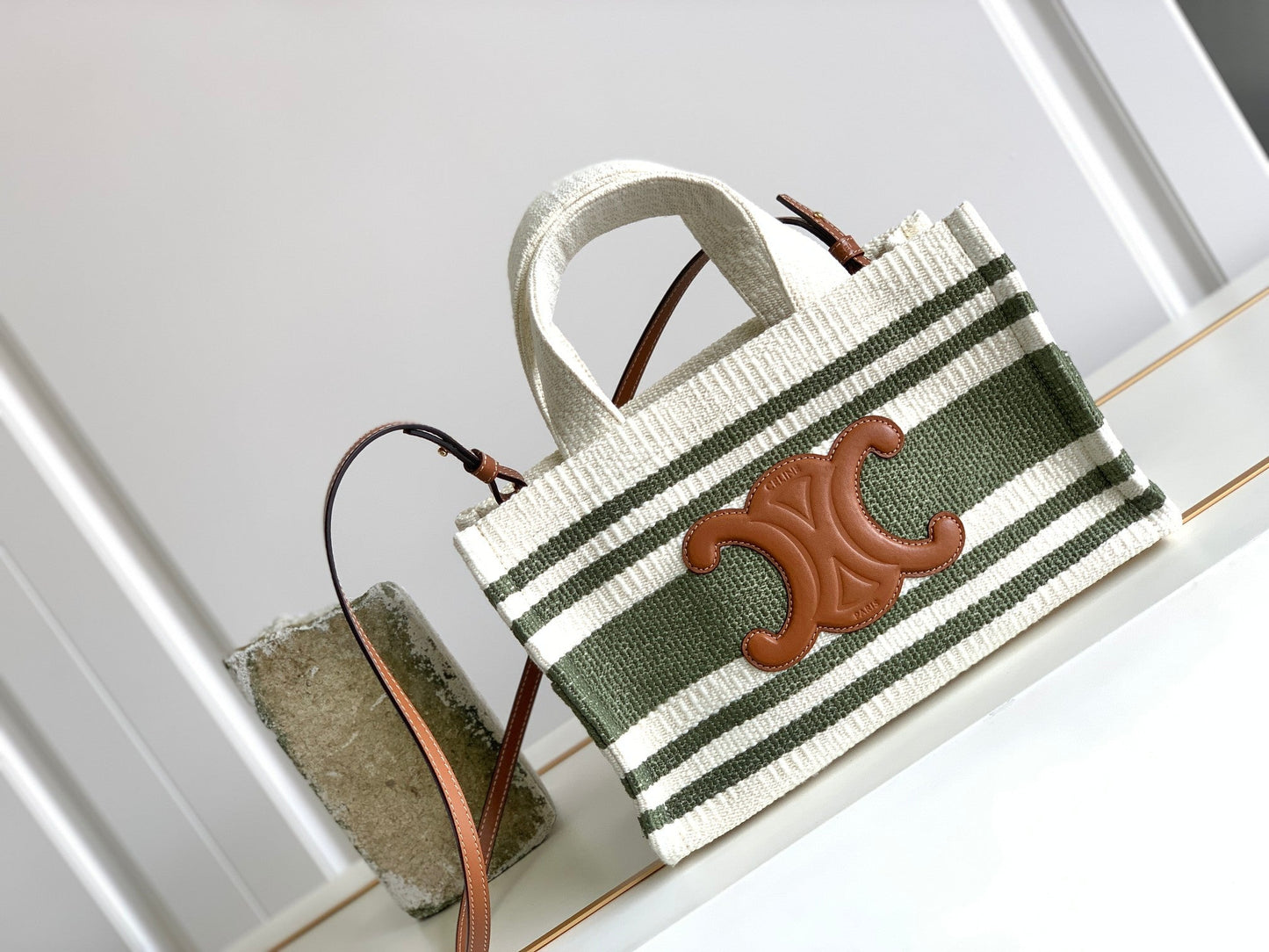 Top Quality Striped Small Triomphe Cabas Thais Nature Green For Women 11.4in/29cm
