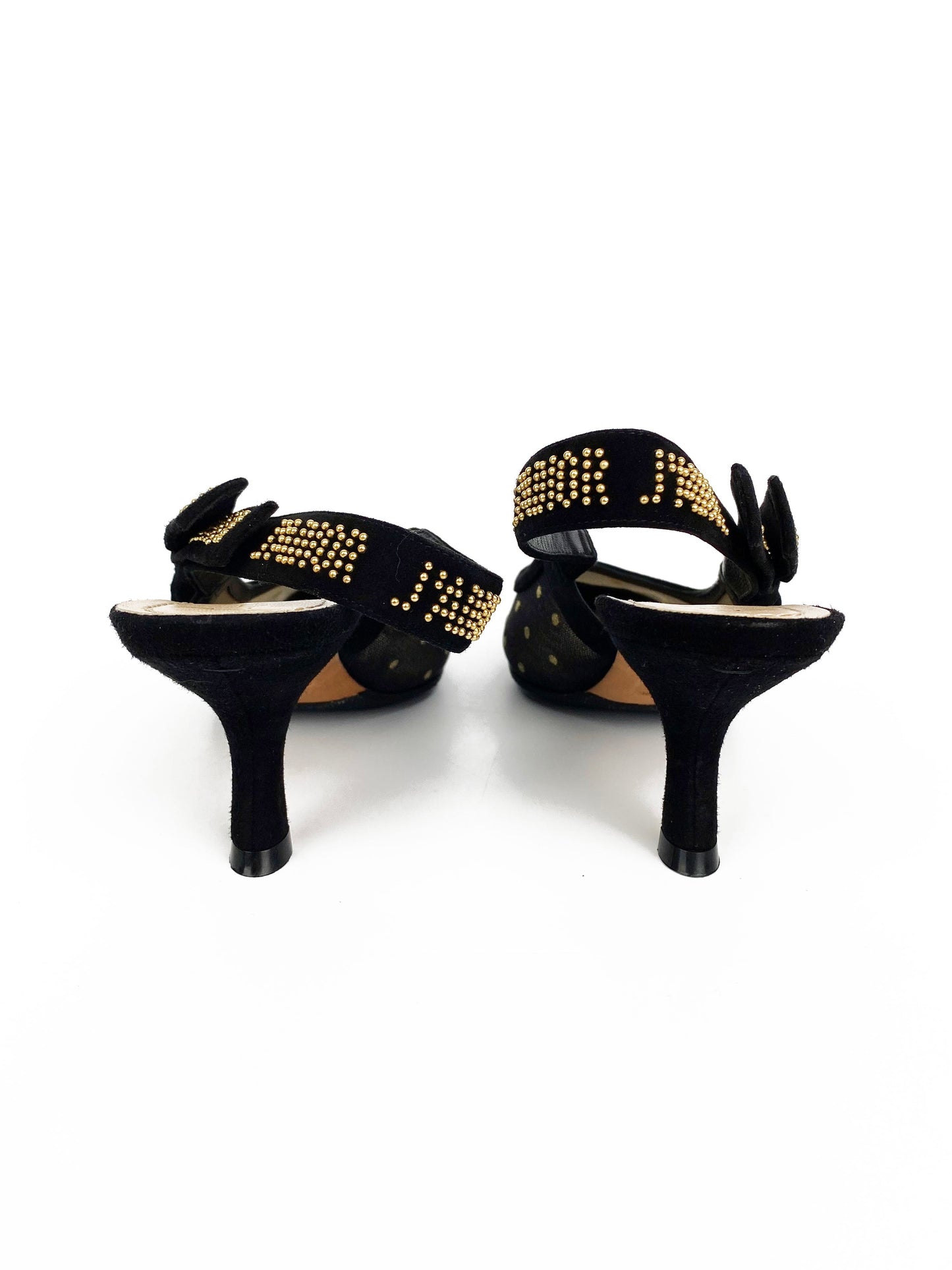Christian Dior Black & Gold Plumetis Slingback Heels 37