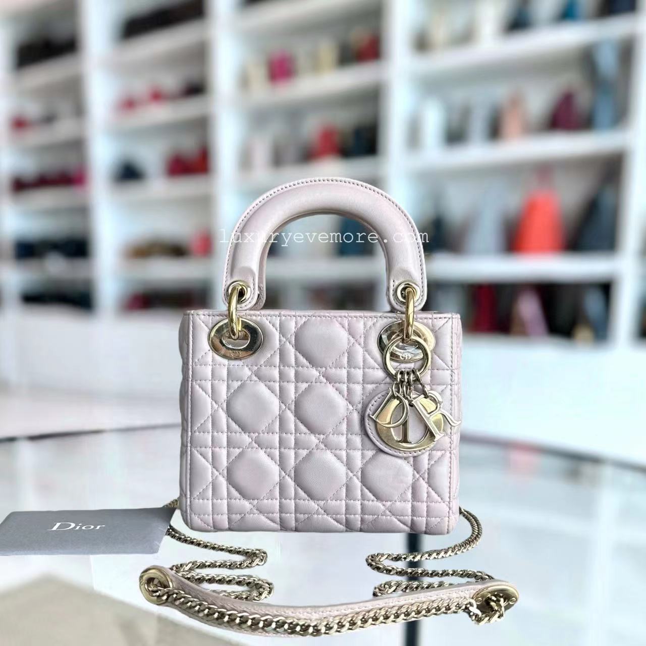 Dior Lady Mini - Cannage Lambskin Light Sakura Pink Gold Hardware Chain Strap