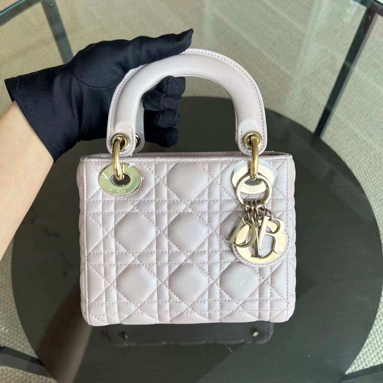 Dior Lady Mini - Cannage Lambskin Light Sakura Pink Gold Hardware Chain Strap
