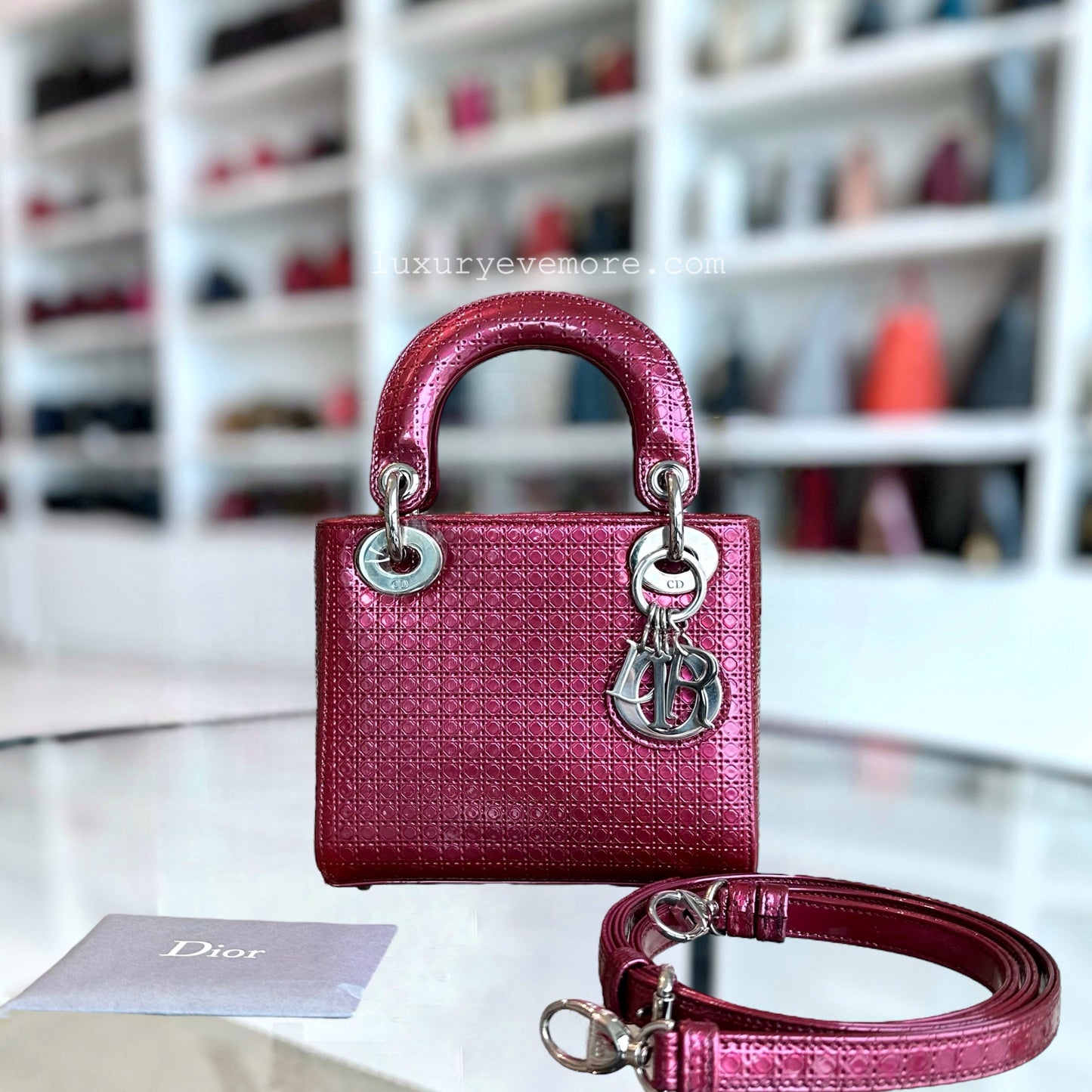 Dior Lady Mini - Micro-Cannage Dark Pink Silver Hardware Adjustable Strap