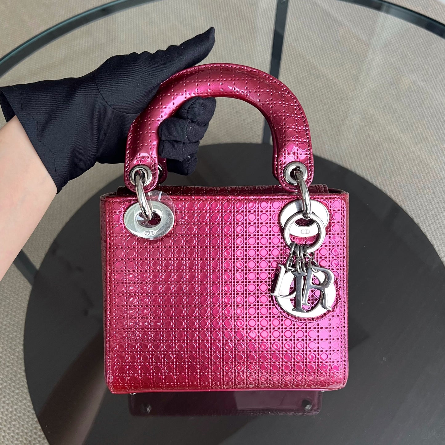 Dior Lady Mini - Micro-Cannage Dark Pink Silver Hardware Adjustable Strap