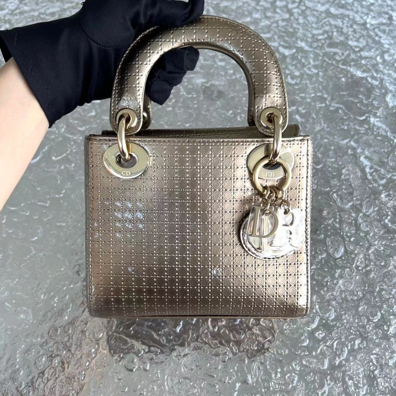Dior Lady Mini - Micro Cannage Glazed Calfskin Gold Bronze Golden Hardware Chain Strap
