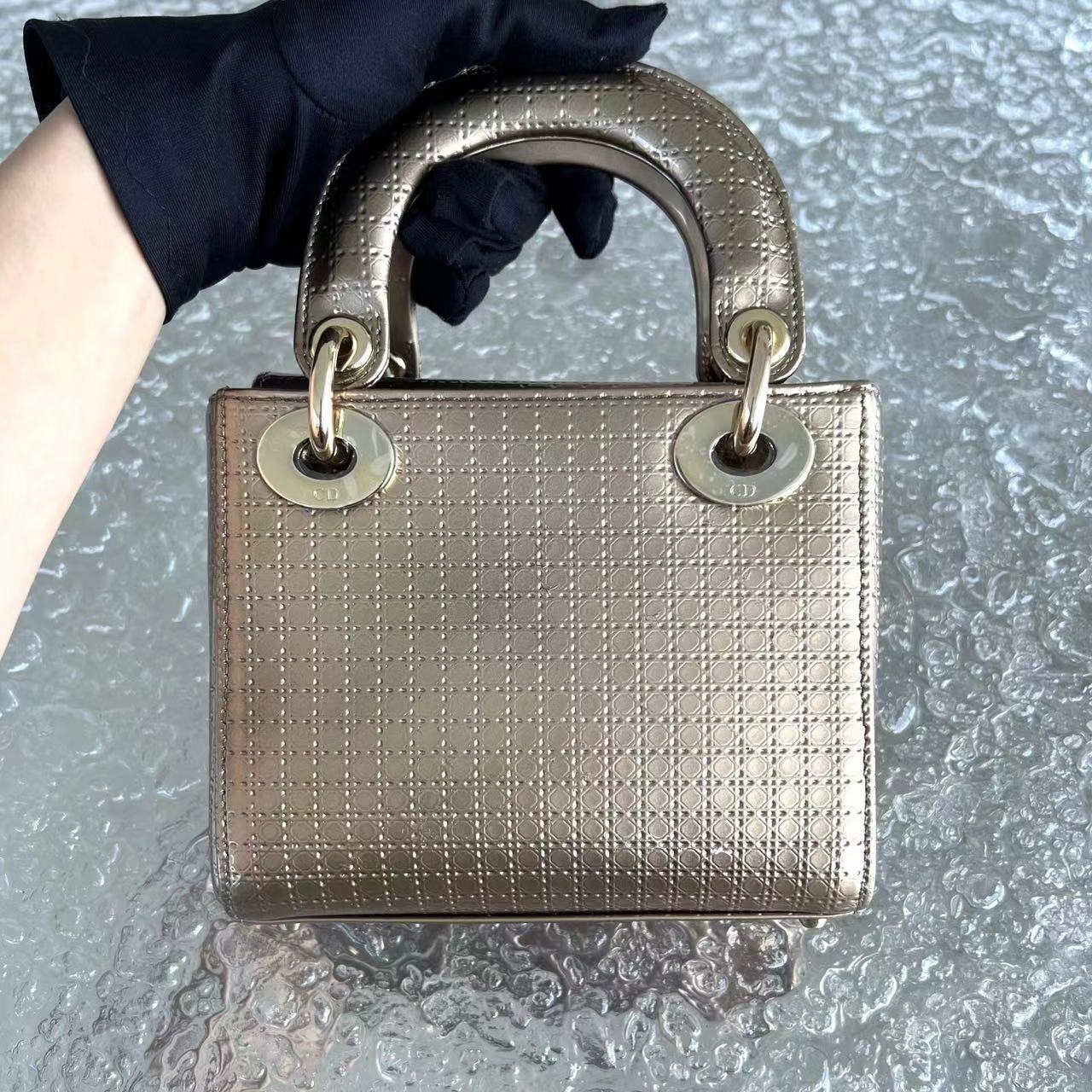 Dior Lady Mini - Micro Cannage Glazed Calfskin Gold Bronze Golden Hardware Chain Strap
