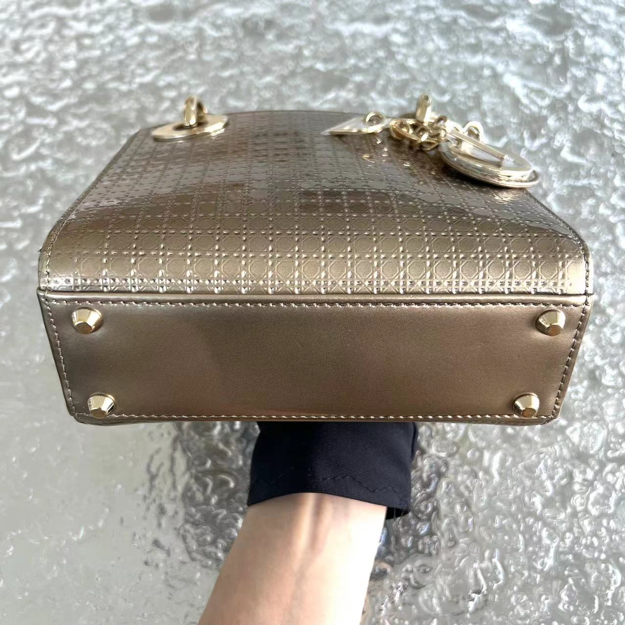 Dior Lady Mini - Micro Cannage Glazed Calfskin Gold Bronze Golden Hardware Chain Strap