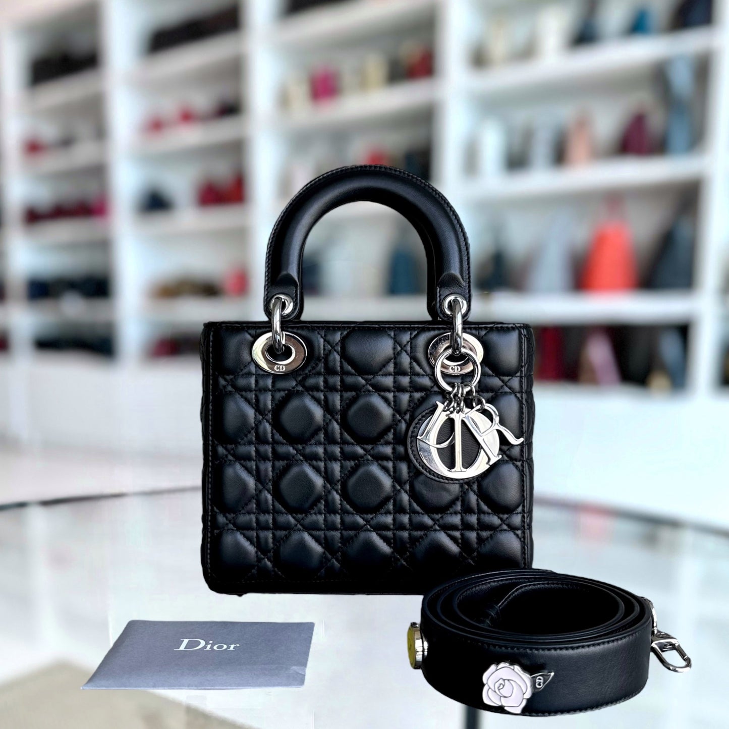 Dior Lady Small Cannage Lambskin Black ABC MyABC Silver Hardware Charm Strap