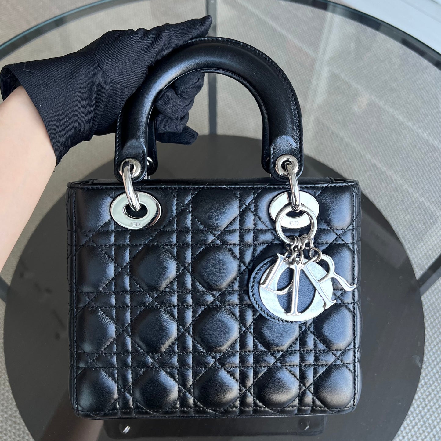 Dior Lady Small Cannage Lambskin Black ABC MyABC Silver Hardware Charm Strap