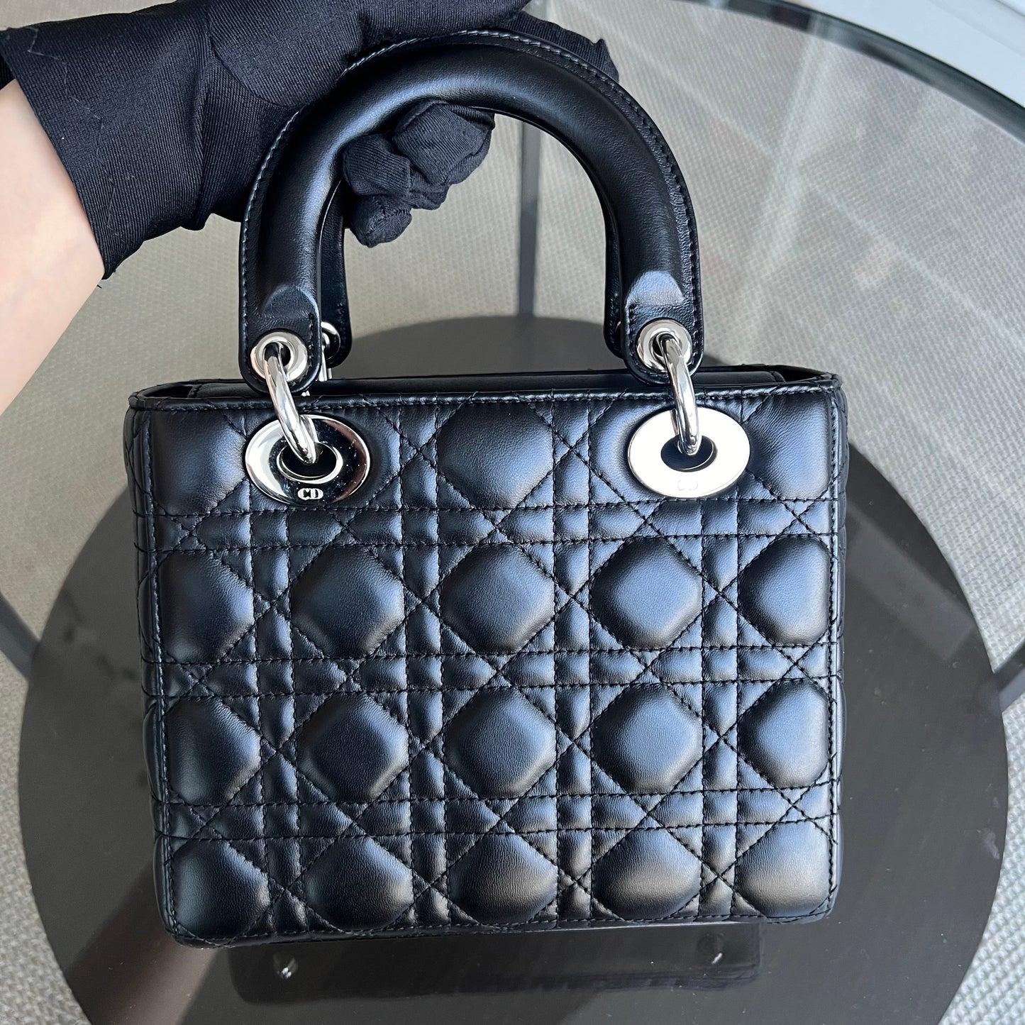 Dior Lady Small Cannage Lambskin Black ABC MyABC Silver Hardware Charm Strap