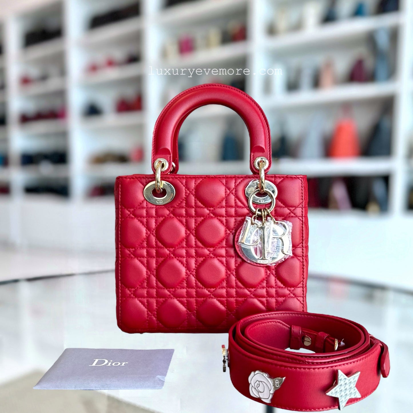 Dior Lady Small Cannage Lambskin Red Golden Hardware