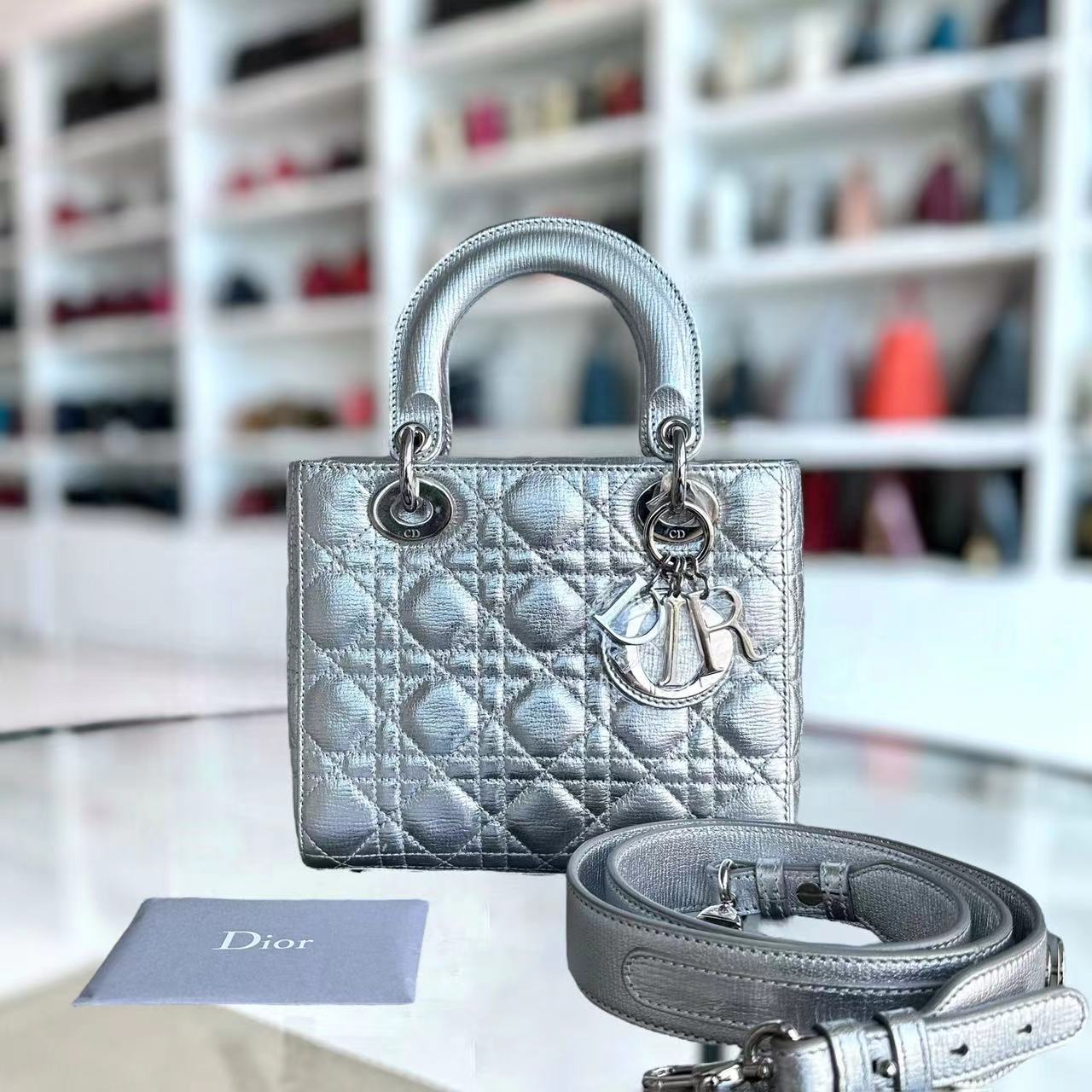 Dior Lady Small Metallic Calfskin Cannage ABC MyABC Silver Hardware