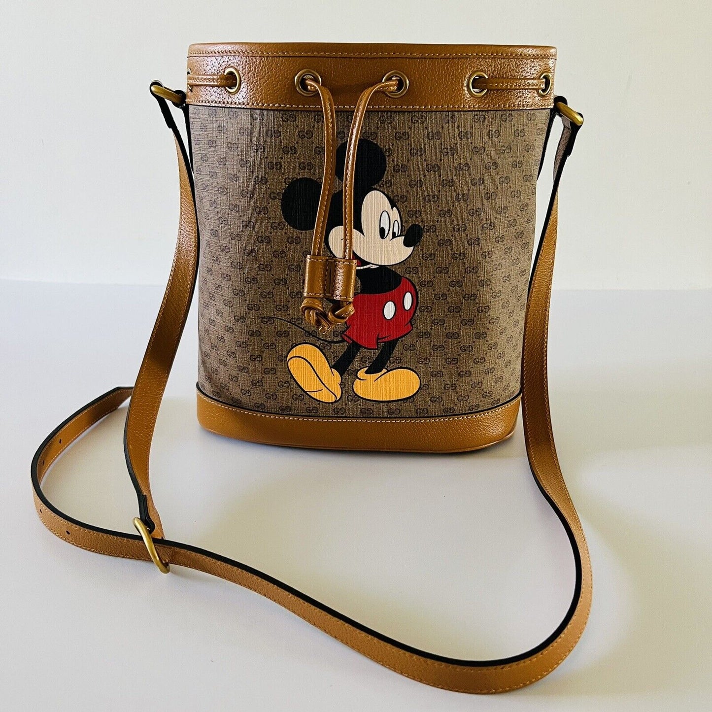 Gucci x Disney Mickey Mo  Print Canvas Leather Bucket Shoulder Bag