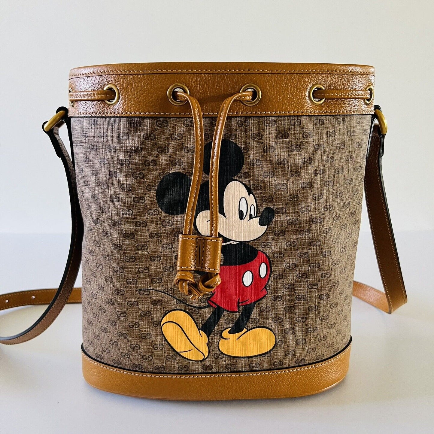 Gucci x Disney Mickey Mo  Print Canvas Leather Bucket Shoulder Bag