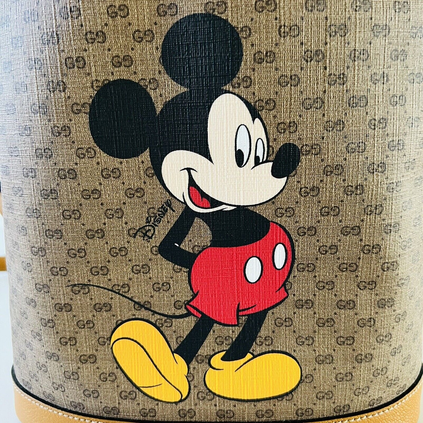 Gucci x Disney Mickey Mo  Print Canvas Leather Bucket Shoulder Bag