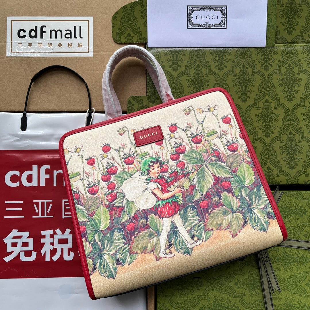 gg Children’s Tote Bag With Strawberry Fairy Print Red For Women, Women’s Bags 11in/28cm gg‎ ‎630542 U6IAN 8257