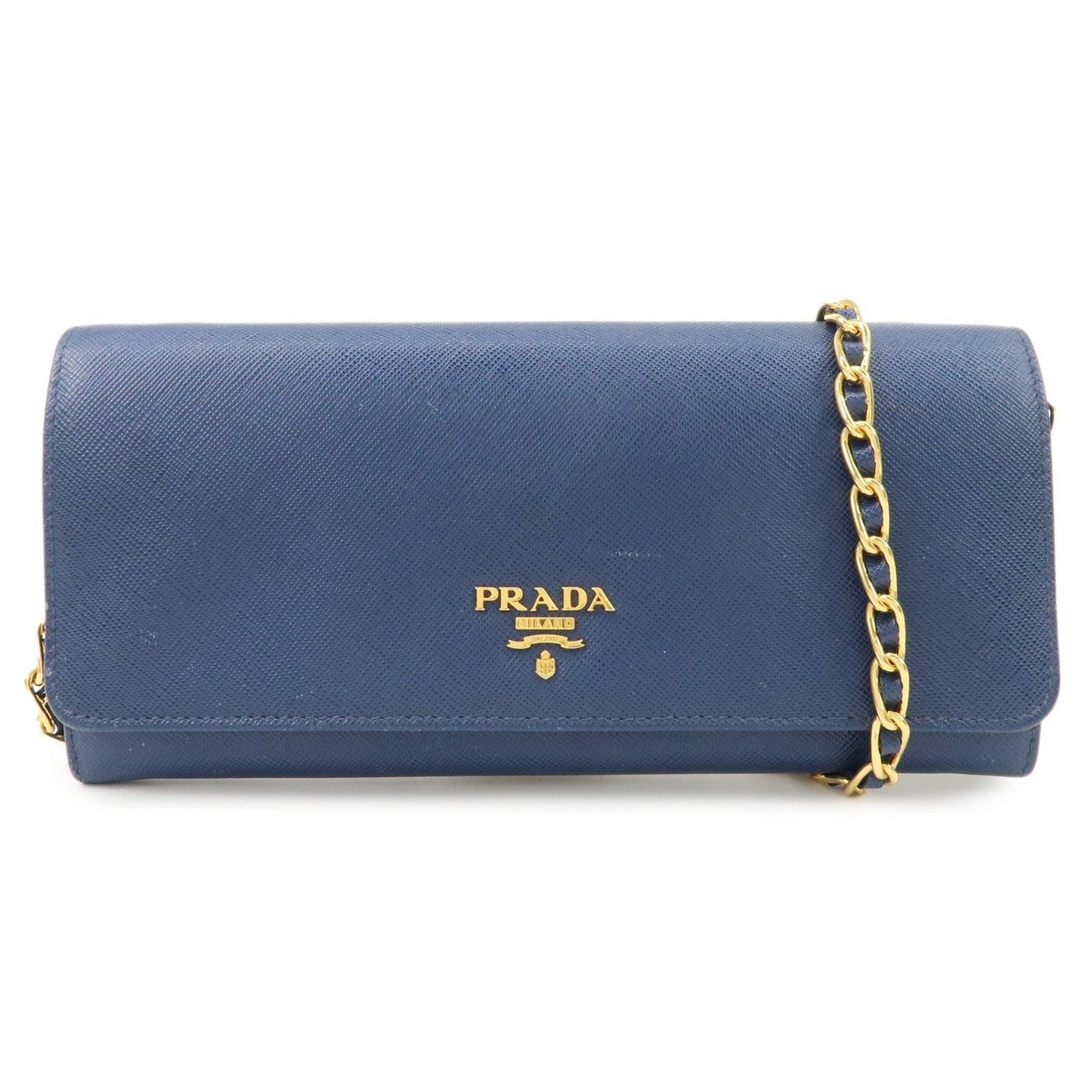 PRADA Logo Leather Chain Wallet WOC Blue Gold Hardware 1MT290  d