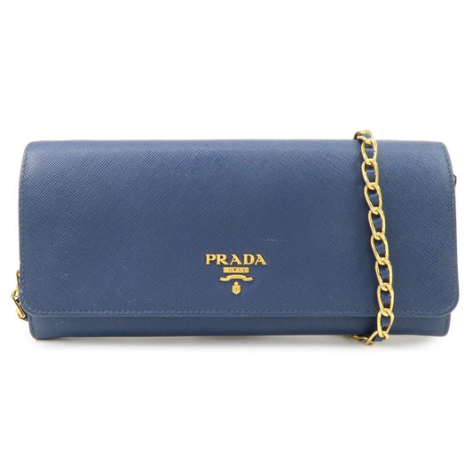 PRADA Logo Leather Chain Wallet WOC Blue Gold Hardware 1MT290  d