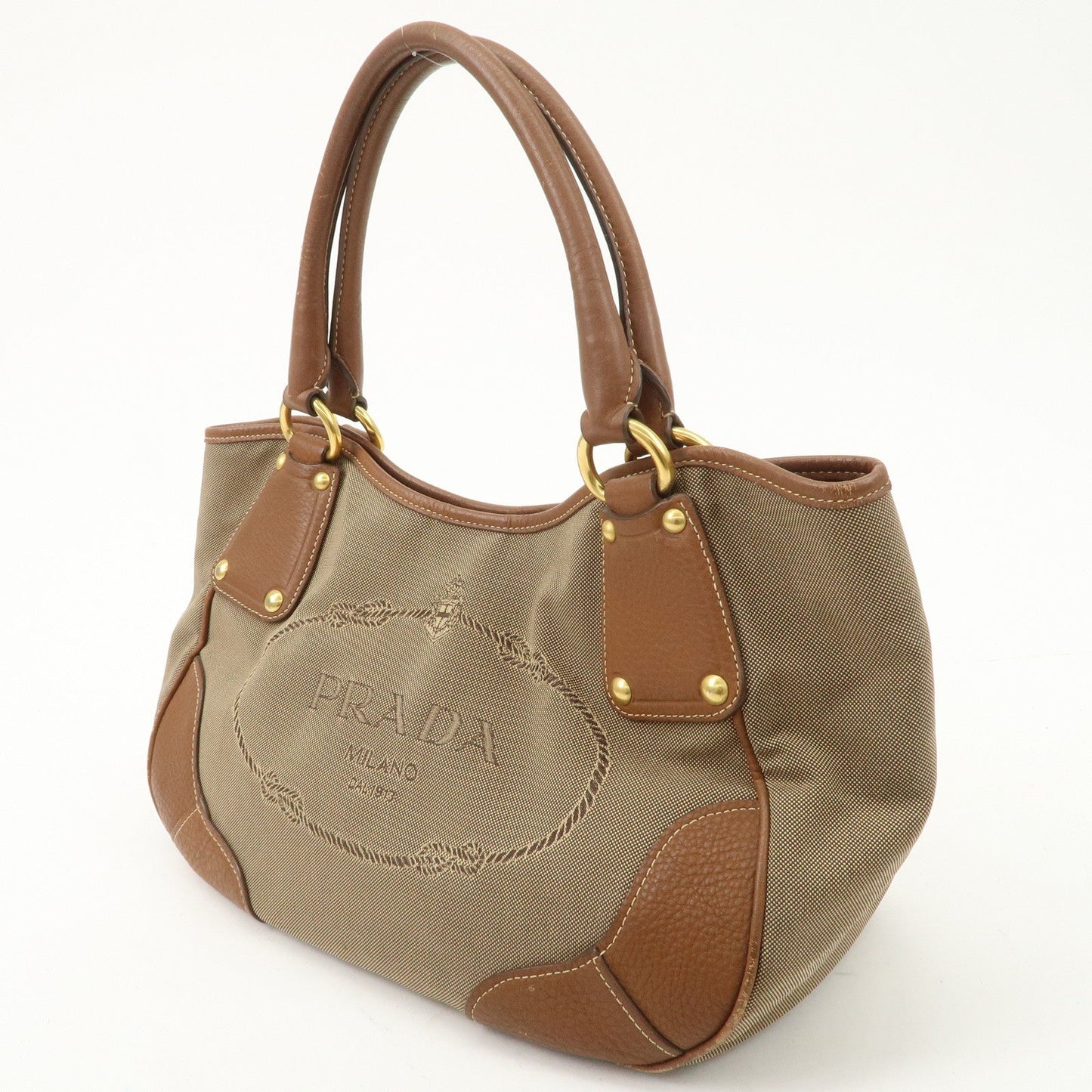 PRADA Logo Jacquard Leather Tote Bag Hand Bag Brown BR4635  d