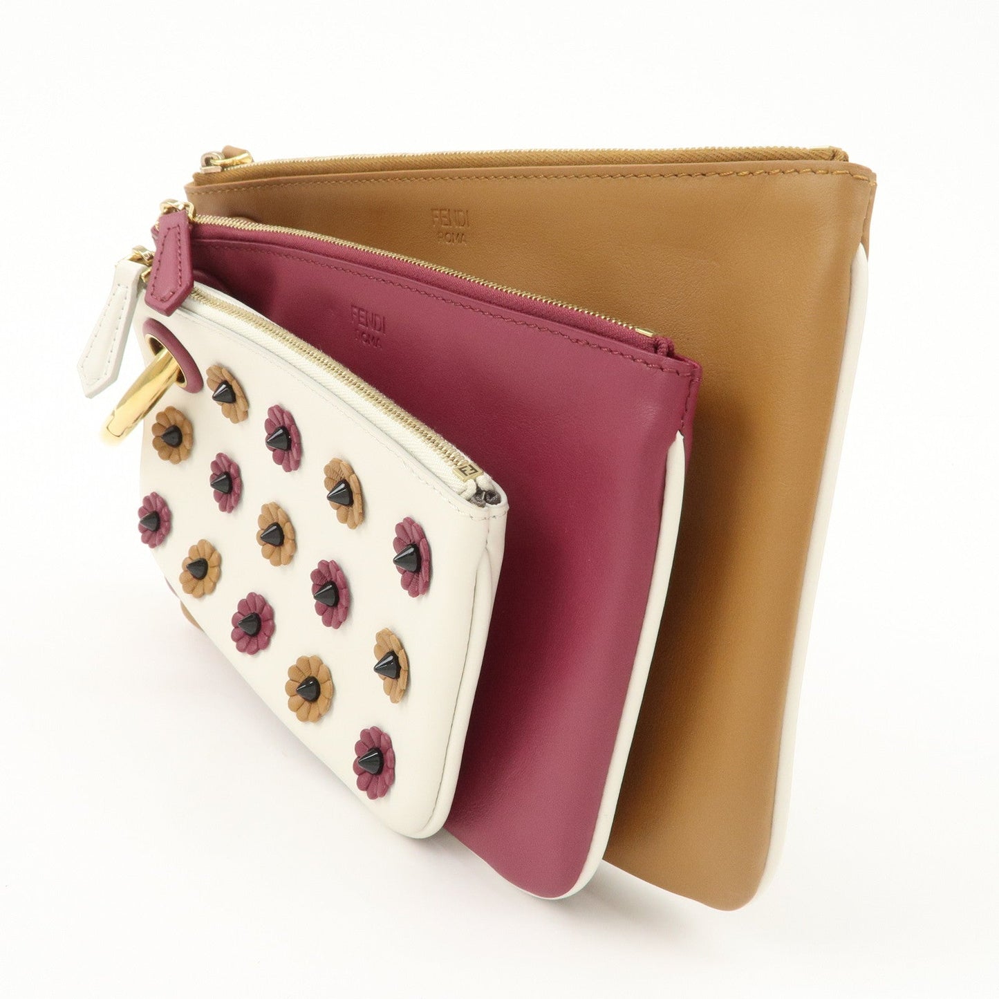 FENDI Leather Flower Studs Triplet Pouch Hand Bag 8BS001  d