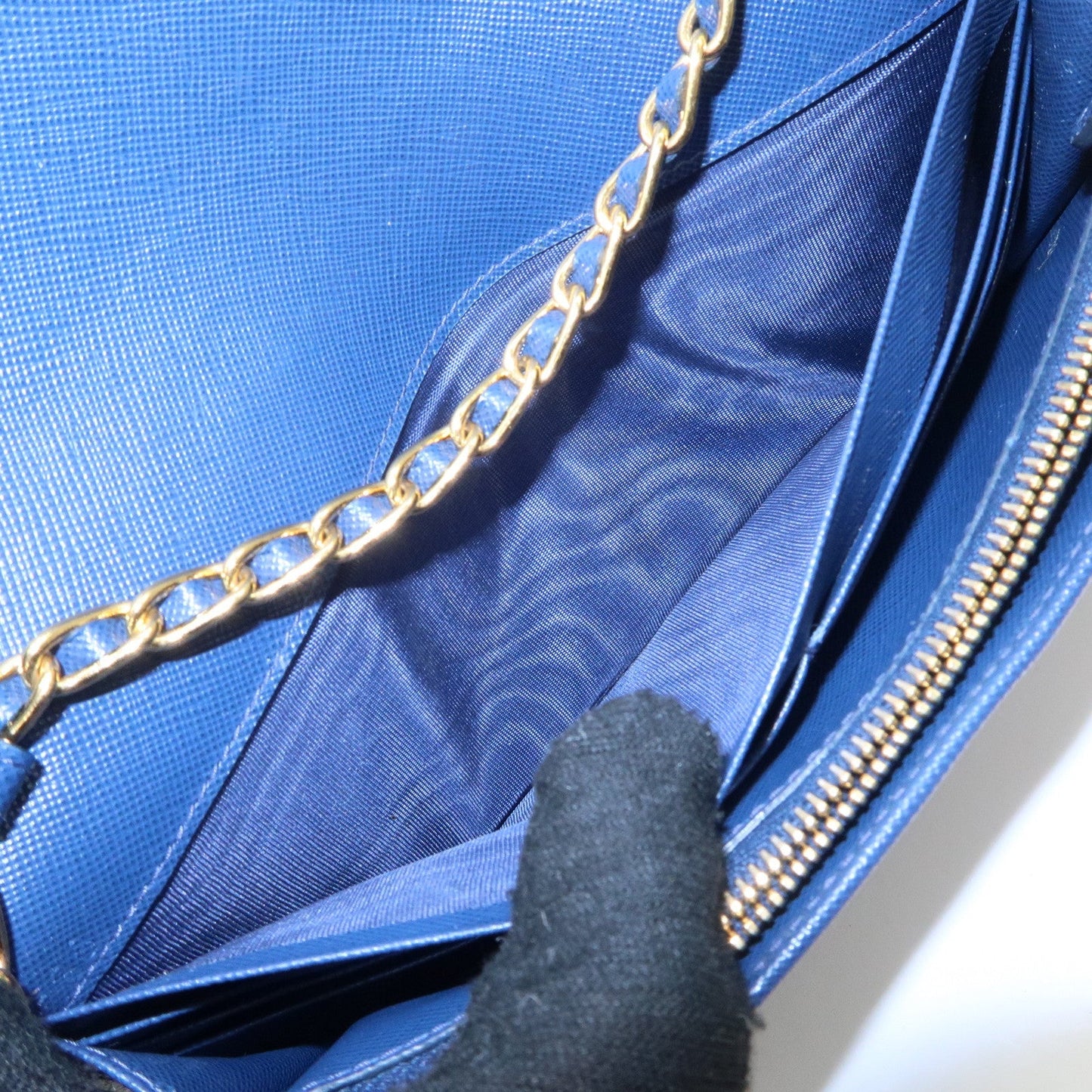 PRADA Logo Leather Chain Wallet WOC Blue Gold Hardware 1MT290  d