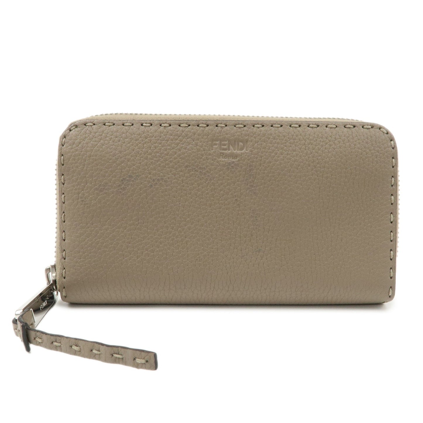 FENDI Selleria Leather Zip Around Long Wallet Greige 8M0374  d