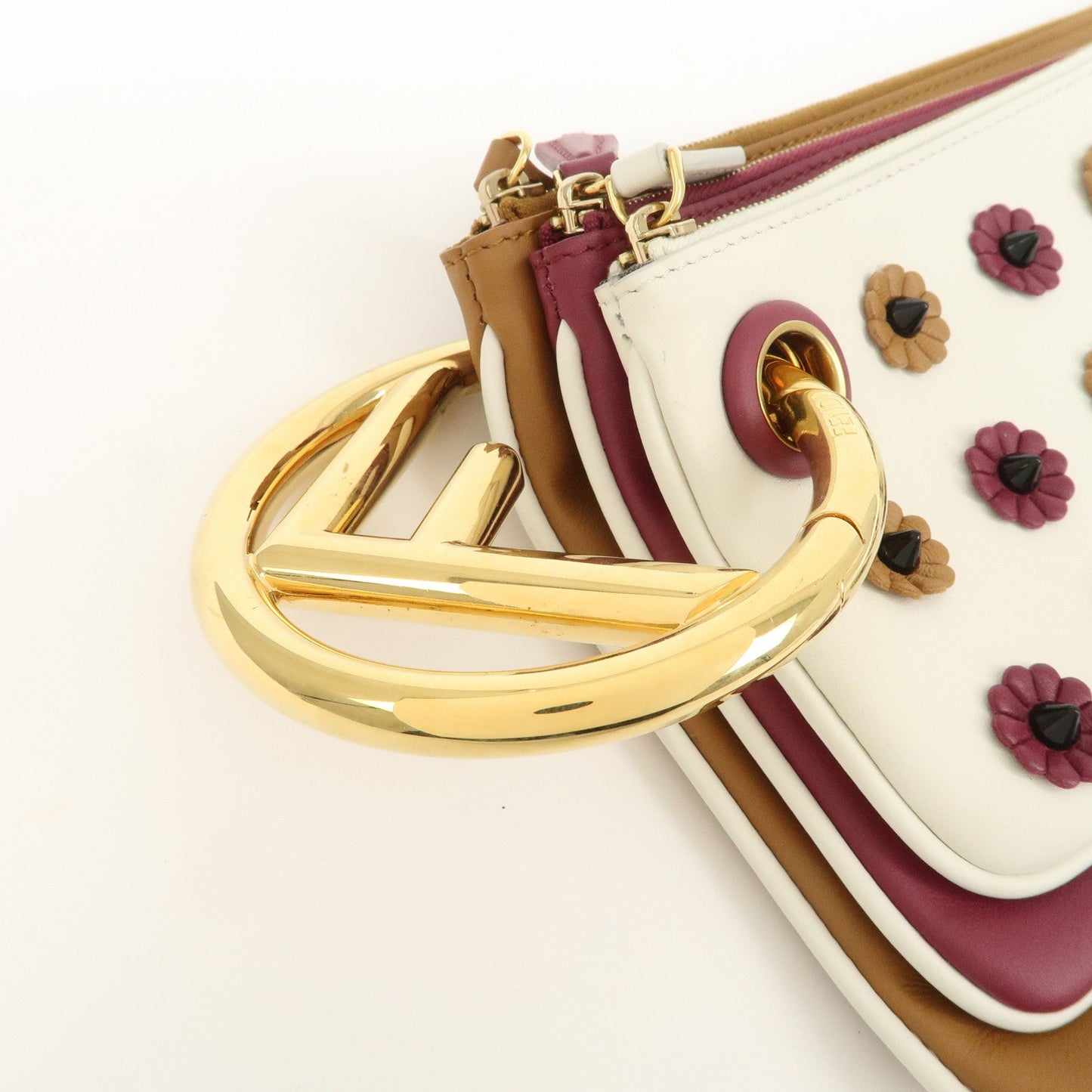 FENDI Leather Flower Studs Triplet Pouch Hand Bag 8BS001  d