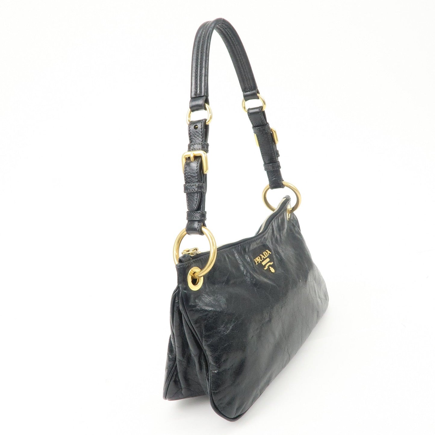 PRADA Logo Leather Shoulder Bag Hand Bag Gold Hardware Black  d