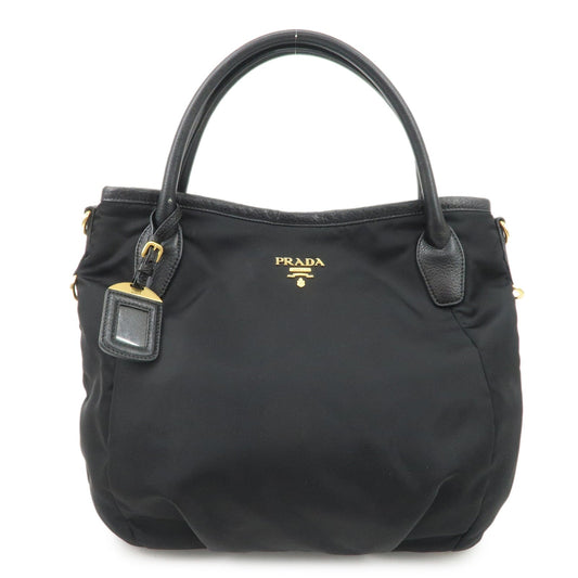 PRADA Logo Nylon Leather 2way Tote Bag Hand Bag Black Gold Hardware  d