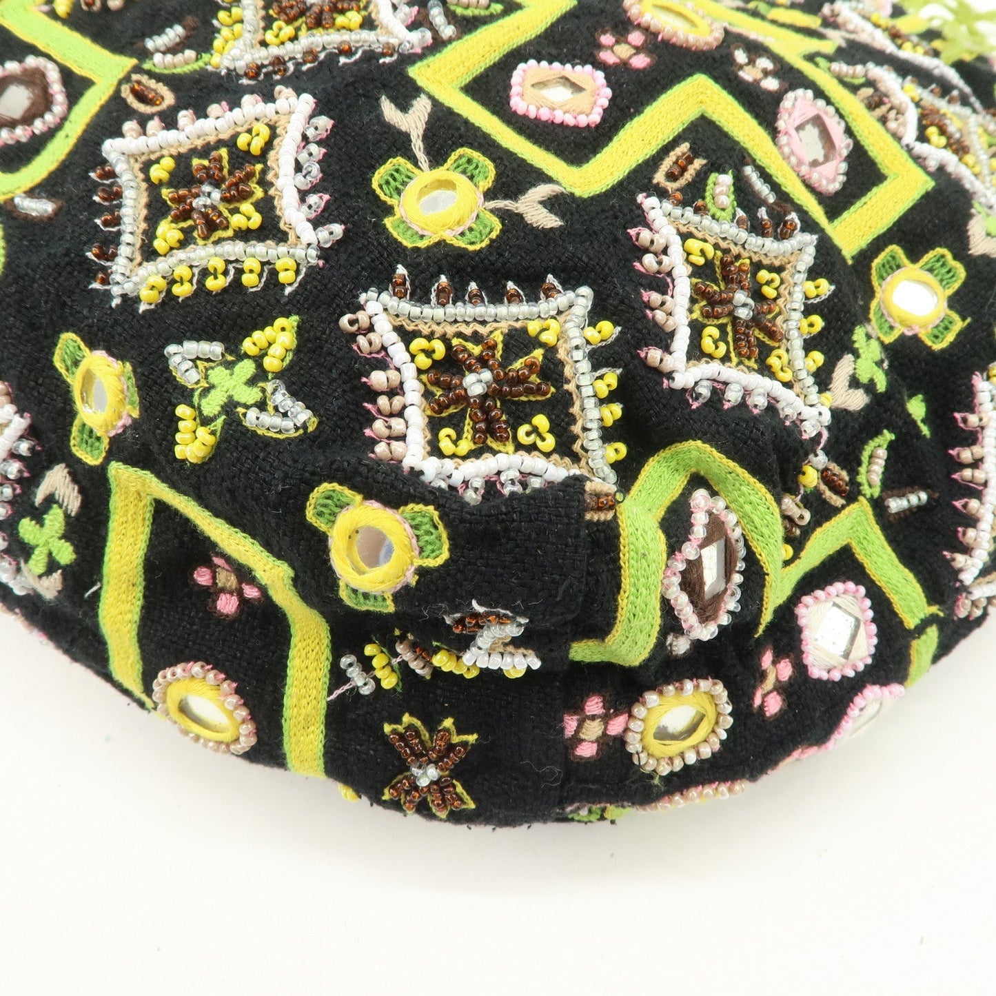FENDI Canvas Leather Beaded Embroidery Tote Bag Hand Bag Black  d
