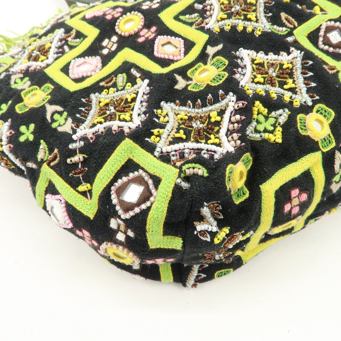 FENDI Canvas Leather Beaded Embroidery Tote Bag Hand Bag Black  d