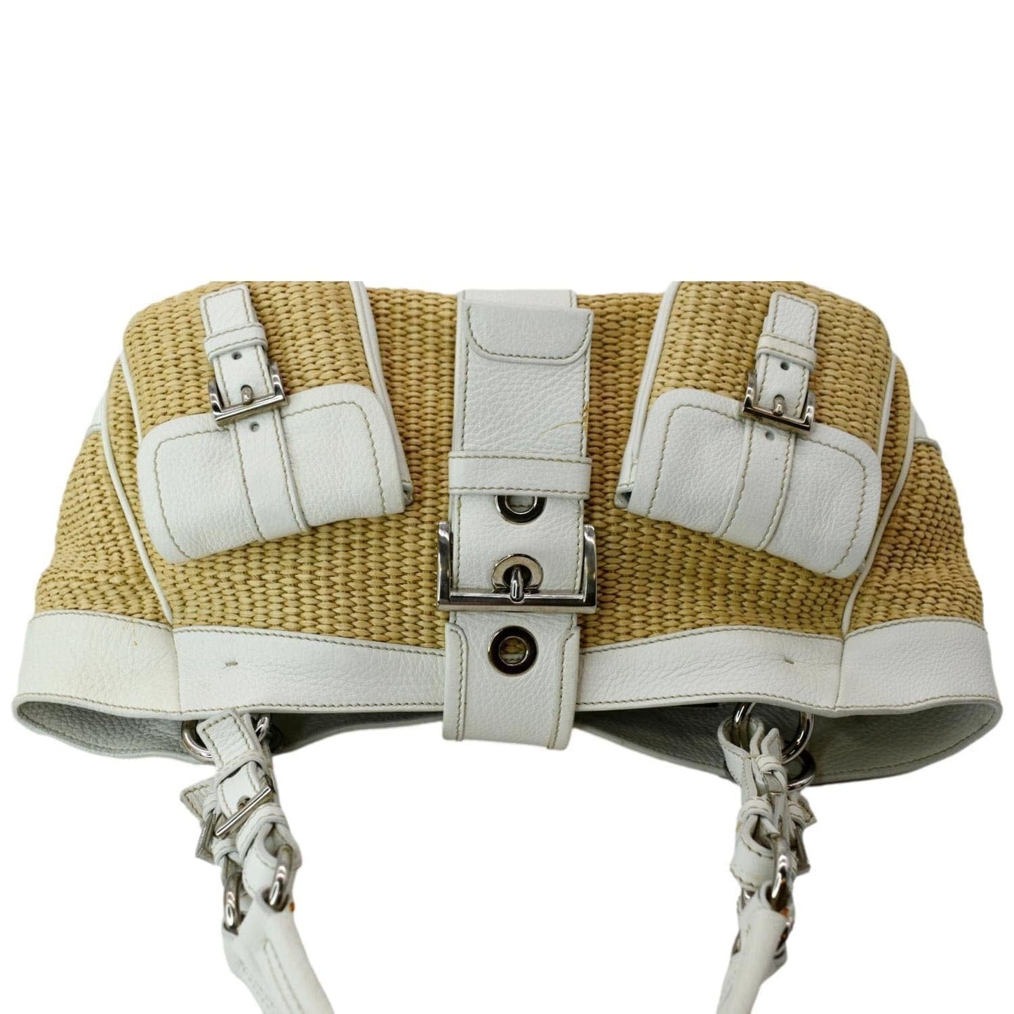 PRADA Paglia Vitello Daino Naturale Leather Satchel Bag Natural