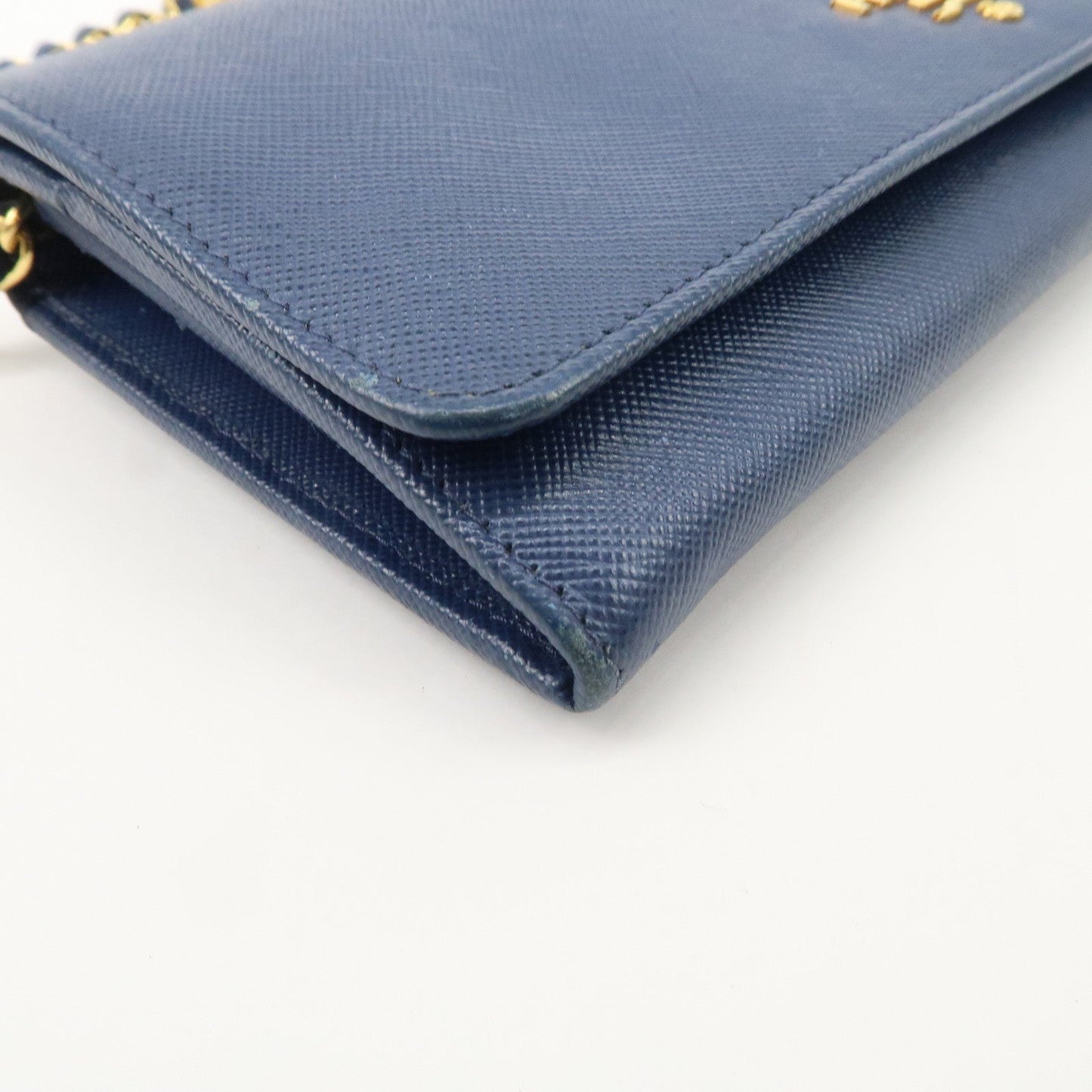 PRADA Logo Leather Chain Wallet WOC Blue Gold Hardware 1MT290  d
