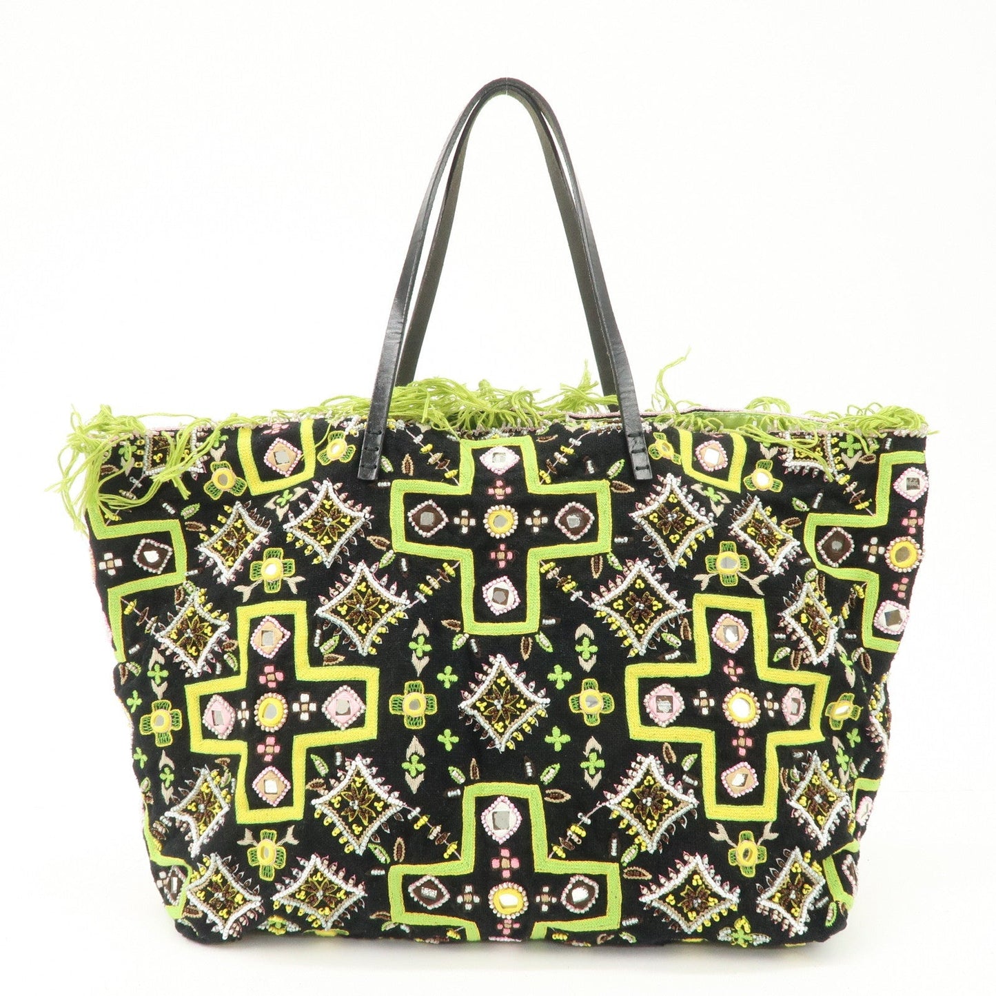 FENDI Canvas Leather Beaded Embroidery Tote Bag Hand Bag Black  d