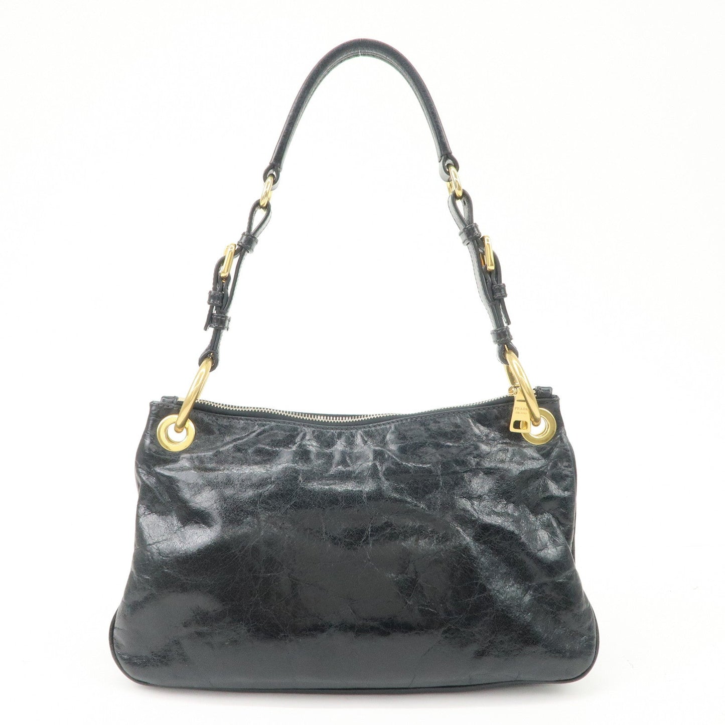 PRADA Logo Leather Shoulder Bag Hand Bag Gold Hardware Black  d