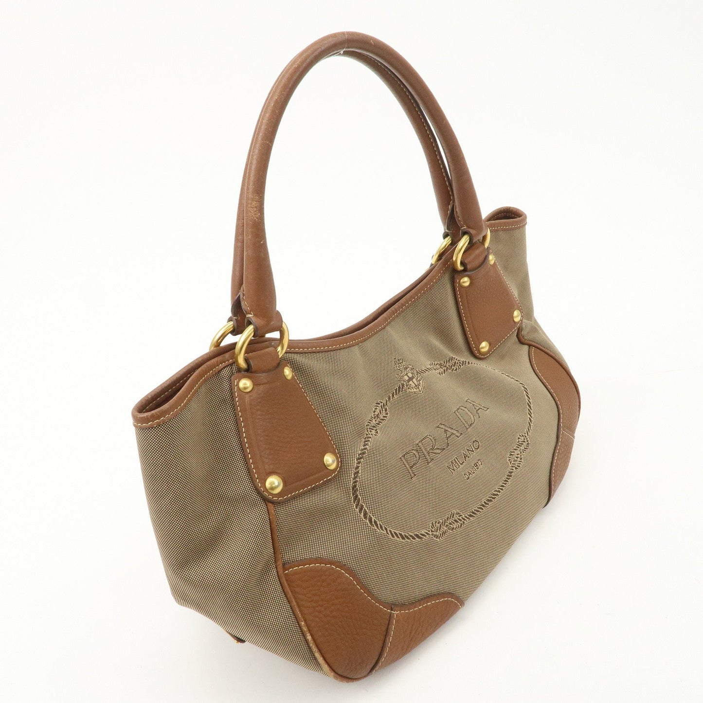 PRADA Logo Jacquard Leather Tote Bag Hand Bag Brown BR4635  d