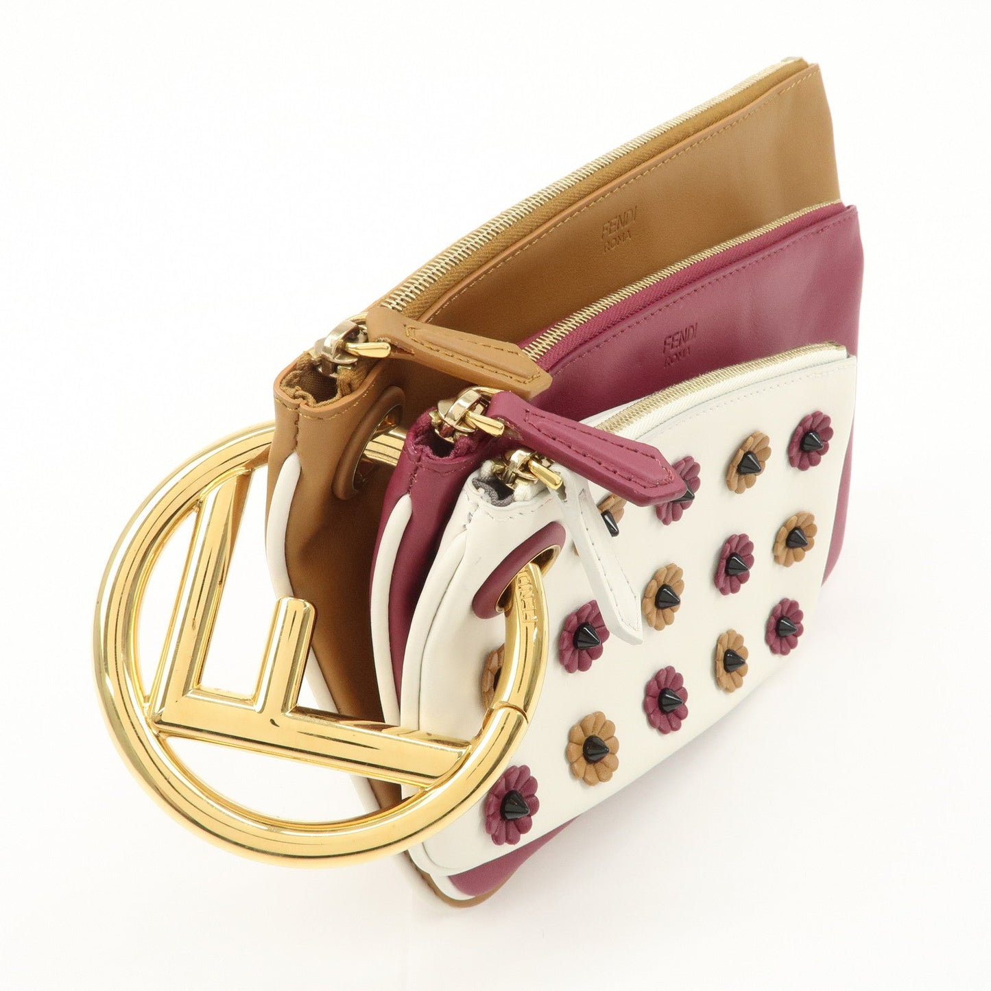 FENDI Leather Flower Studs Triplet Pouch Hand Bag 8BS001  d