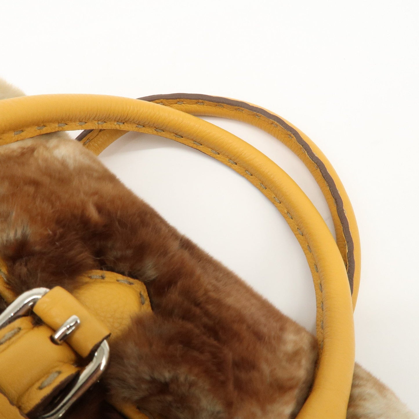 FENDI Seleria Leather Fur Mini Linda Hand Bag Brown White 8BR486  d