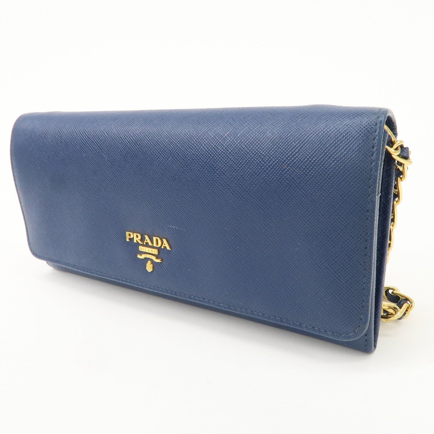 PRADA Logo Leather Chain Wallet WOC Blue Gold Hardware 1MT290  d