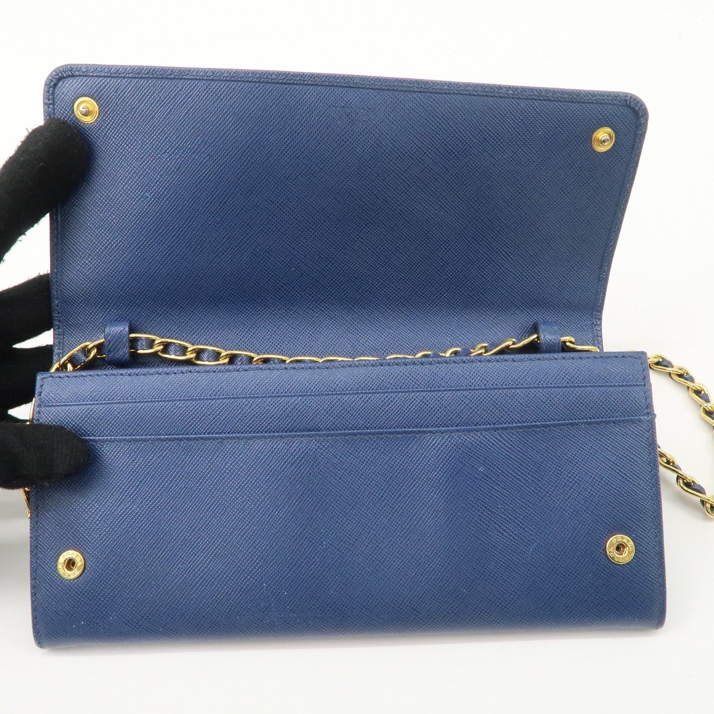 PRADA Logo Leather Chain Wallet WOC Blue Gold Hardware 1MT290  d