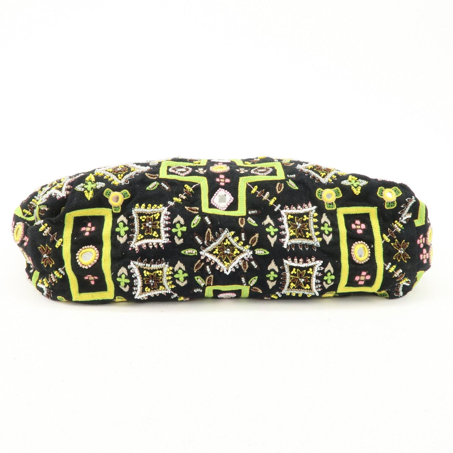 FENDI Canvas Leather Beaded Embroidery Tote Bag Hand Bag Black  d
