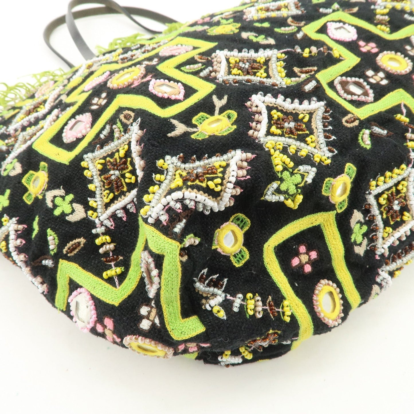 FENDI Canvas Leather Beaded Embroidery Tote Bag Hand Bag Black  d