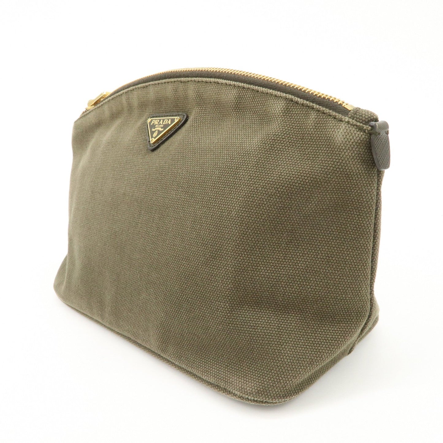 PRADA Triangle Logo Canvas Leather Cosmetic Pouch Khaki 1N1857  d