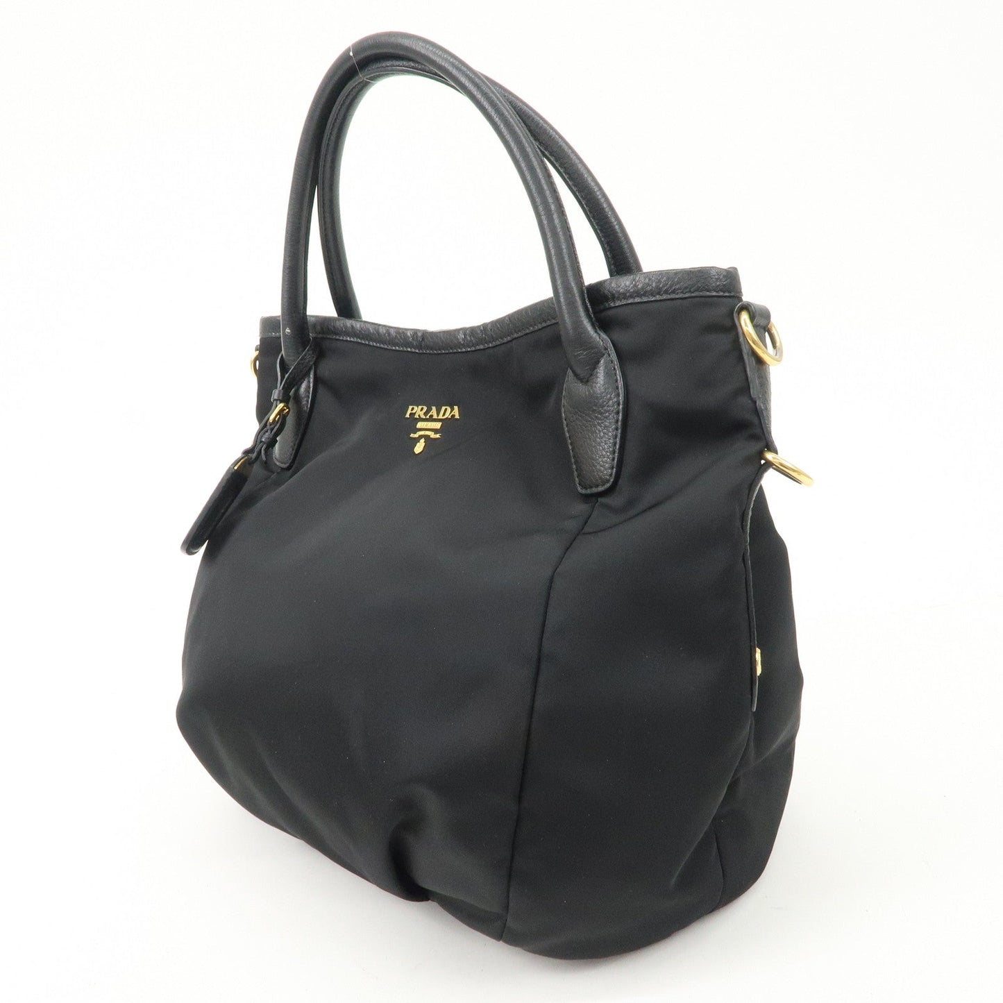PRADA Logo Nylon Leather 2way Tote Bag Hand Bag Black Gold Hardware  d