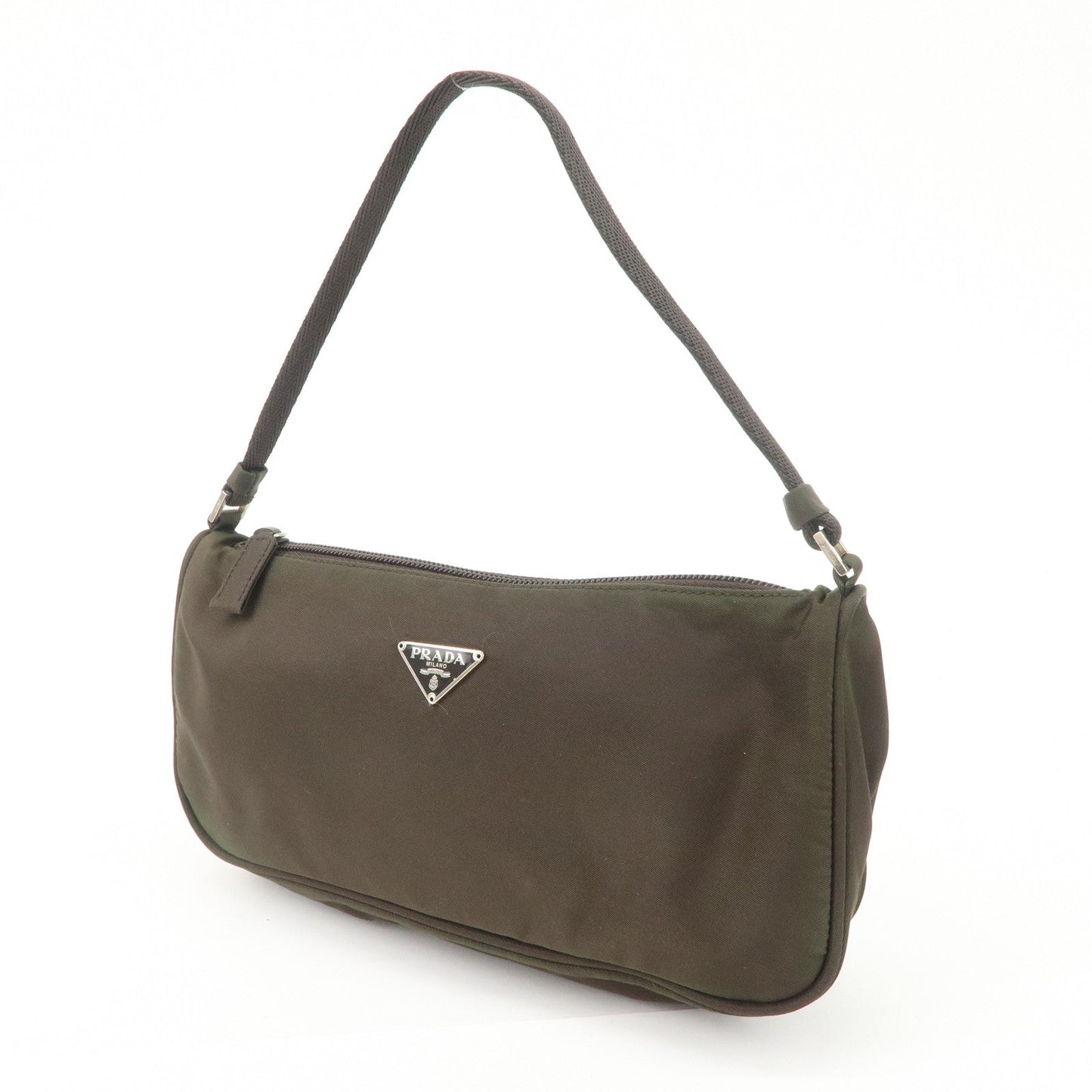 PRADA Triangle Logo Nylon Leather Accessory Pouch Hand Bag Khaki Silver HDW  d