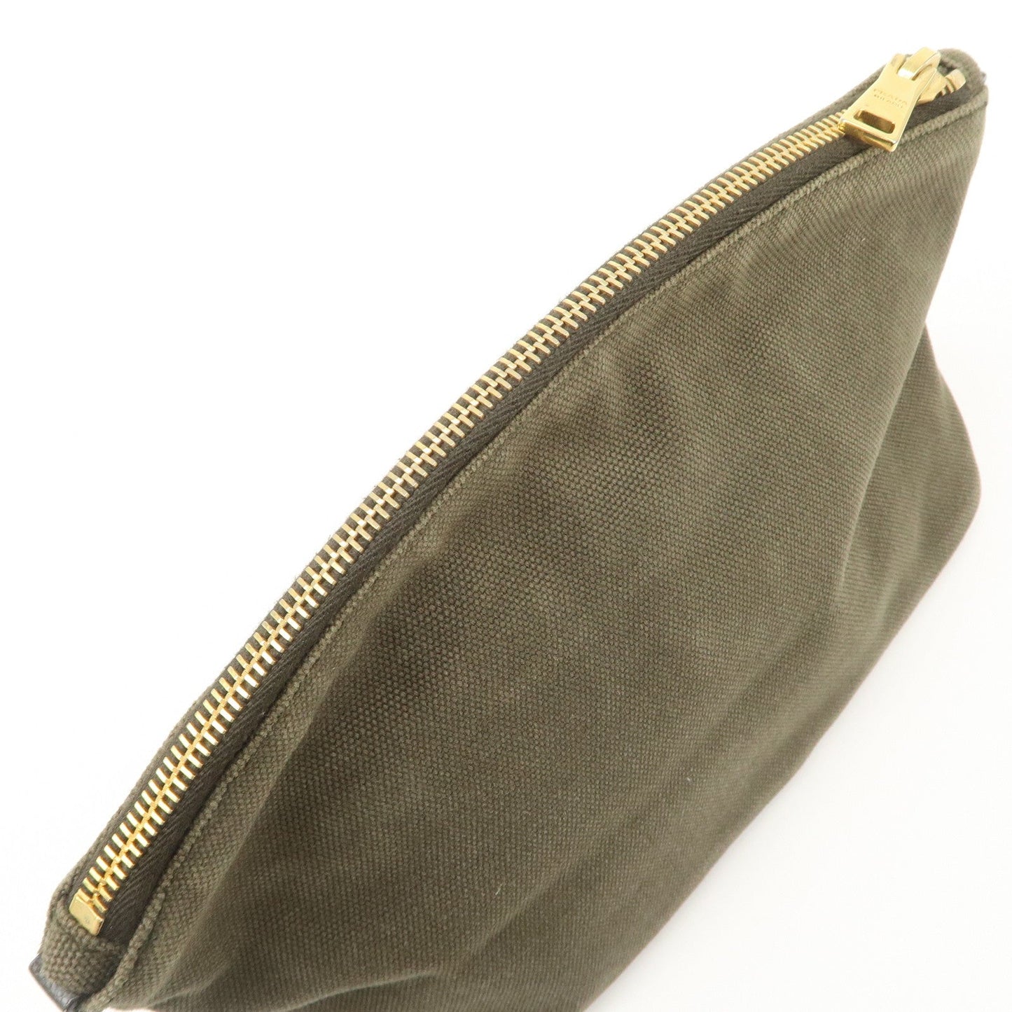 PRADA Triangle Logo Canvas Leather Cosmetic Pouch Khaki 1N1857  d