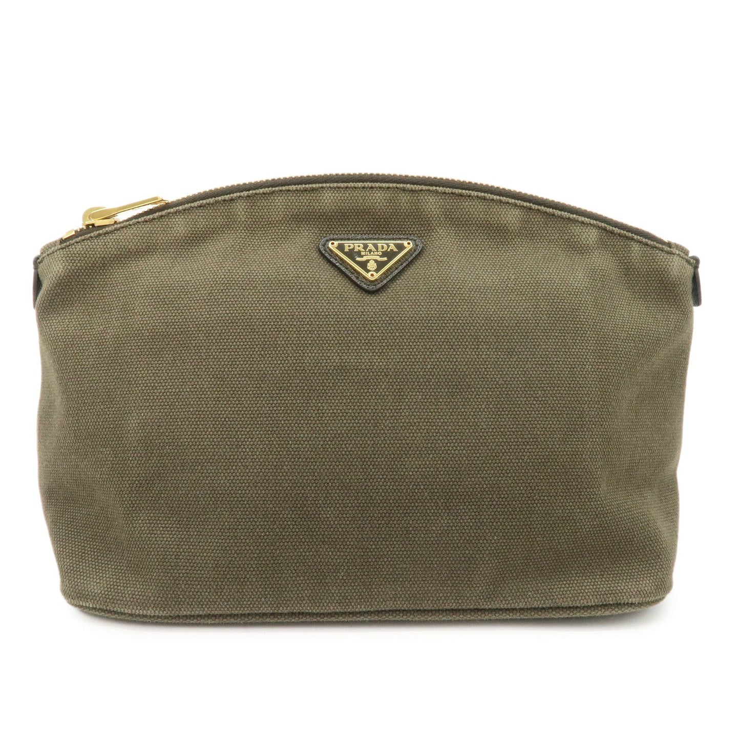 PRADA Triangle Logo Canvas Leather Cosmetic Pouch Khaki 1N1857  d