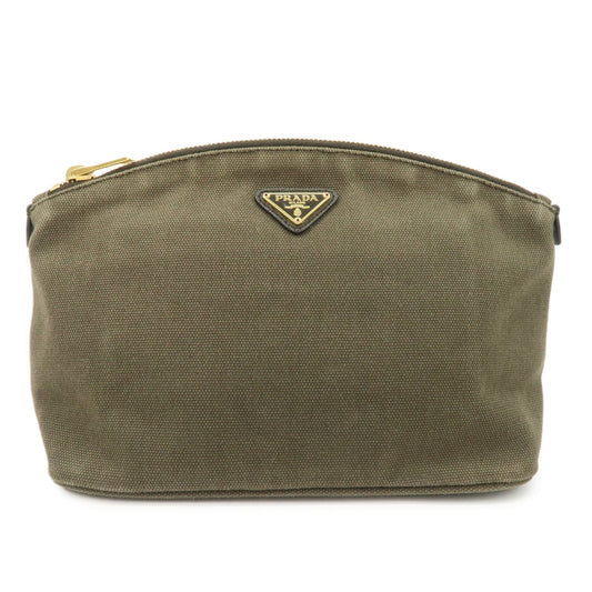 PRADA Triangle Logo Canvas Leather Cosmetic Pouch Khaki 1N1857  d